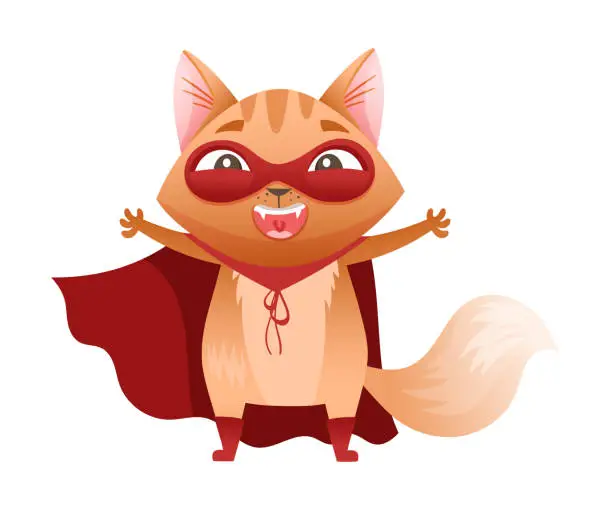 Vector illustration of Ginger Cat Superhero Character Wearing Red Cloak and Mask with Outstretched Paws Vector Illustration