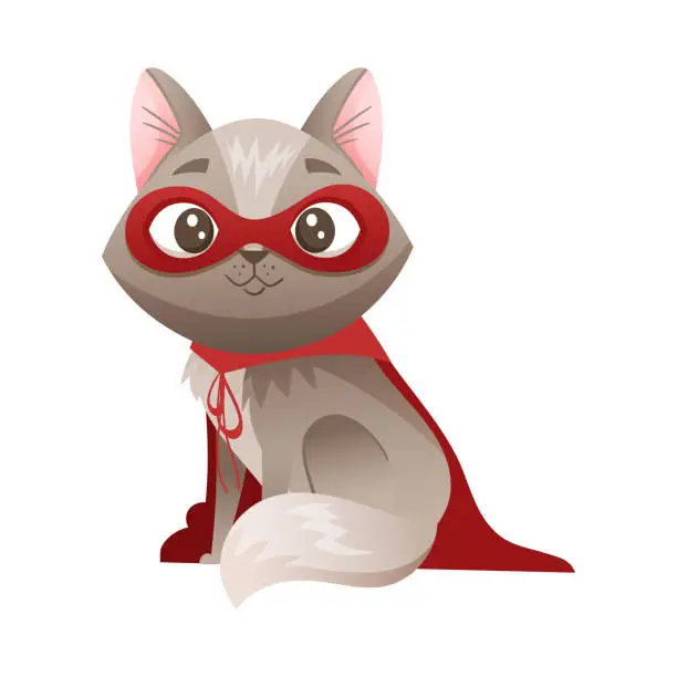 Vector illustration of Grey Cat Superhero Character Wearing Red Cloak and Mask Sitting Vector Illustration