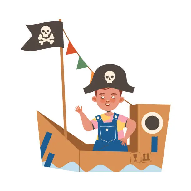 Vector illustration of Happy Little Boy in Homemade Cardboard Boat in Pirate Hat Playing and Having Fun Vector Illustration