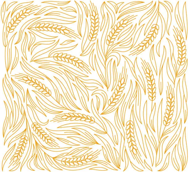 Vector illustration of Cereal wheat straw pattern background. Ears of wheat, rye or barley. Vector editable outline stroke. Wrapping paper for bread.