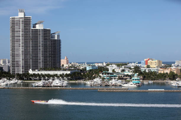 Luxury boats in a Miami Beach marina, in the background you can see the growing profile of the city of Miami.
