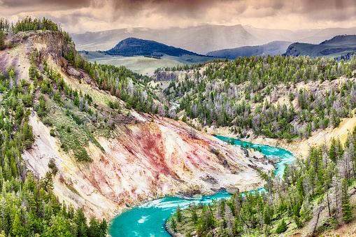 Turquoise Yellowstone river and its meanders . Yellowstone National Park, Wyoming, USA