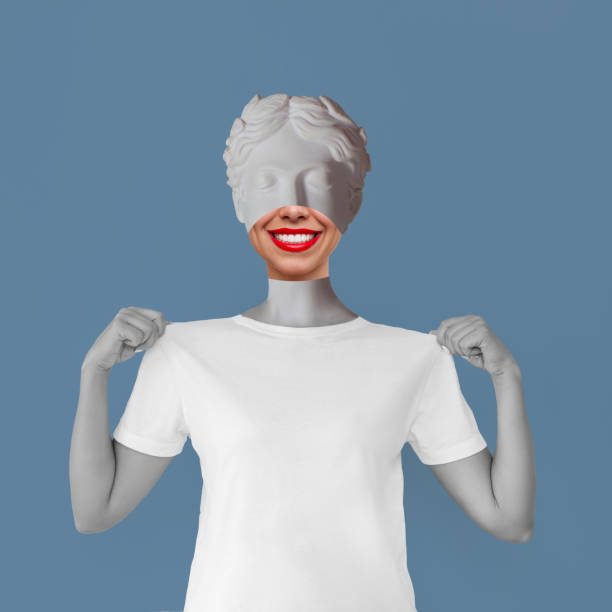 istock Antique smiling statue's head with red lips in white t-shirt showing empty copy space for design 1456780726