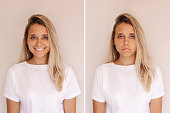 Two portraits of young caucasian blonde woman in white t-shirt cheerful and sad on beige background