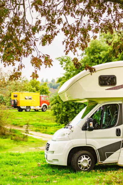 istock Caravan and motor home truck camping on nature 1456782834
