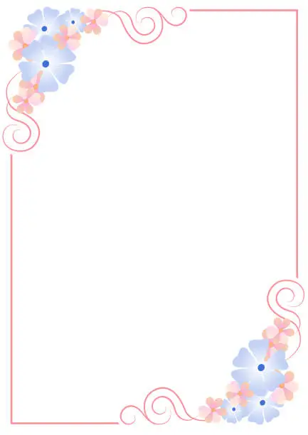 Vector illustration of Floral frame in vertical A4 format, with flowers in pastel colors in the corners and a red border