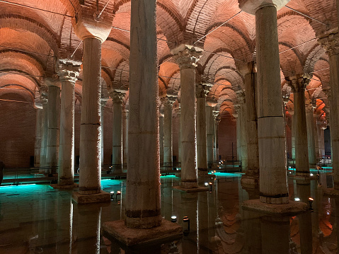 The Basilica Cistern in the city of Istanbul, Turkey. It is the largest of several hundreds ancient cisterns that lie beneath the city of Istanbul