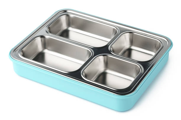 istock Empty lunch box with metal compartments isolated on white background. 1456784834