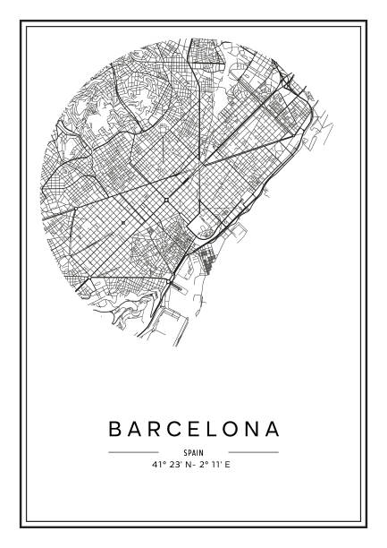 illustrations, cliparts, dessins animés et icônes de plan de la ville de barcelone imprimable en noir et blanc, conception de l’affiche, illistration vectorielle. - barcelone