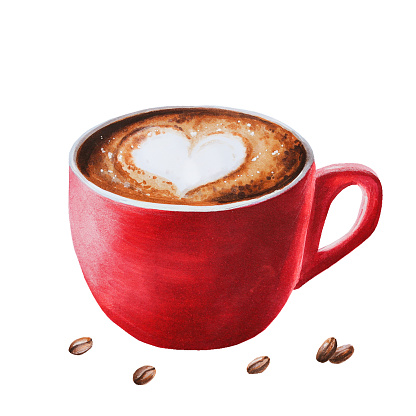 Watercolor sweet cappuccino illustration coffee in a porcelain cup with coffee beens. Hand painting on a white isolated background. For designers, menu, shop, bar, bistro, restaurant, for postcards, wrapping paper, covers. For posters and textile.