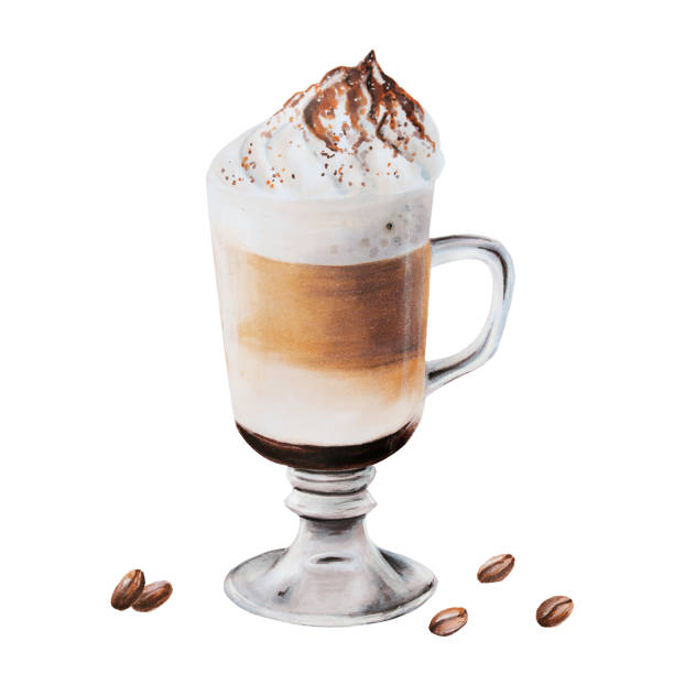 istock Watercolor fluffy foam latte illustration coffee in a glass cup with coffee beens. Hand painting on a white isolated background. For designers, menu, shop, bar, bistro, restaurant, for postcards, wrapping paper, covers. For posters and textile 1456786878