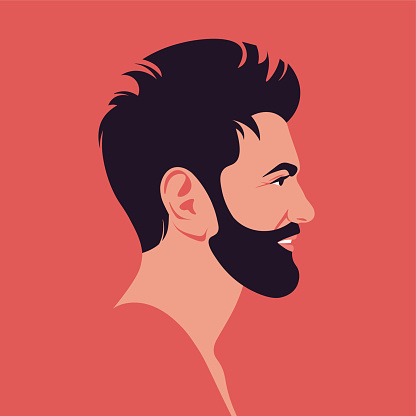 A face of a smiling Italian man in profile. Side view. Latin American with beard. Vector flat Illustration