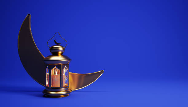 istock 3d Ramadan background with golden lantern, and crescent moon and copy space. 1456788529