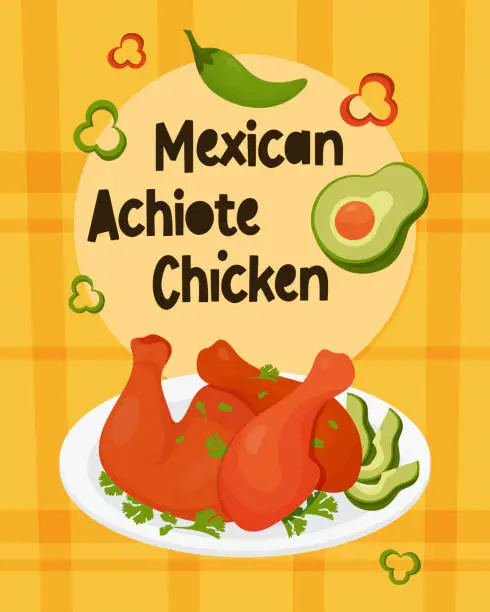 Vector illustration of Mexican Achiote Chicken grilled food. Yucatan style chicken legs with ahiote on plate with avocado slices and parsley. Vector vertical poster of Latin American national dish in flat style.