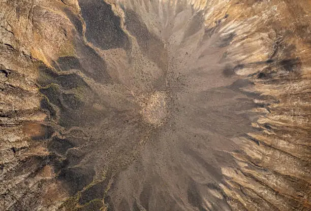Flying over Montana Blanca volcanic crater, Lanzarote
