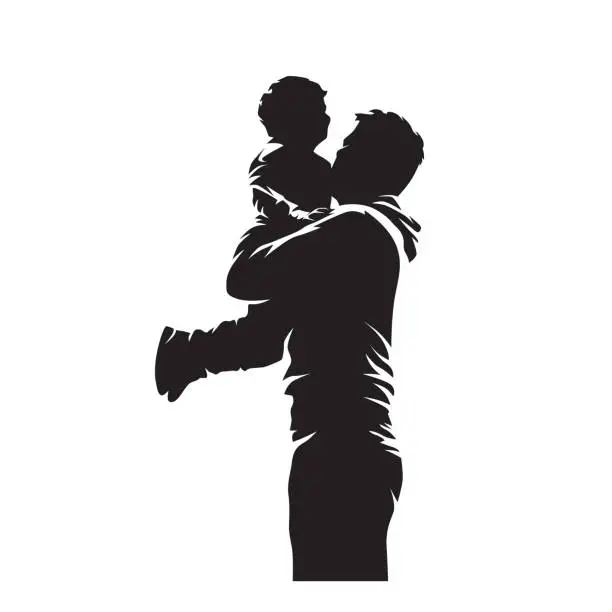 Vector illustration of Dad holding his son in his arms. Parenting.  Isolated vector silhouette, ink drawing