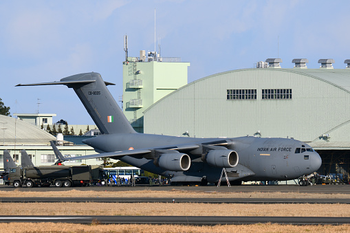 US Air Force Boeing C-17 Globemaster III military aircraft taking off from Lviv Airport