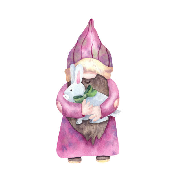 istock Smiling gnome with a bunny . Hand painted watercolor illustration isolated on white. Great for  Easter designs, greeting cards,  posters. 1456791773