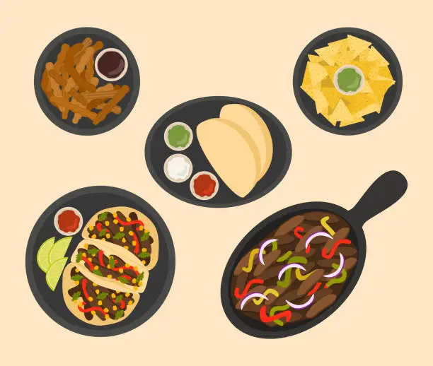 Vector illustration of Mexican Traditional Food Plates. Top View Of Beef Fajitas, Tacos, Nachos, And Churros