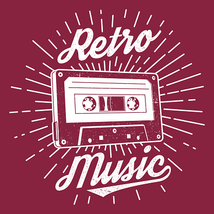 Retro music poster, banner. Retro Audio cassette tape with sunburst vintage typography design for t shirt, emblem, logo, badge design. Vector illustration.