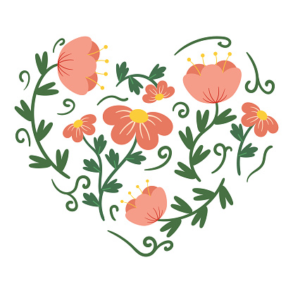 Heart Shape Filled with Flowers, Graphic Design for Valentine Day, Spring Greeting Cards, Invitation. Cute Simple Style Blossoms, Decoration Isolated on White Background Cartoon Vector Illustration