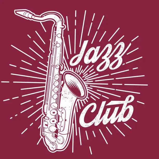 Vector illustration of Jazz club, retro music poster, banner. Retro saxophone with sunburst vintage typography design for t shirt, emblem, logo, badge design. Vector illustration