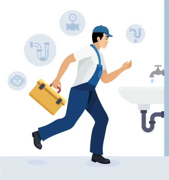 Vector illustration of Professional plumber running at work.