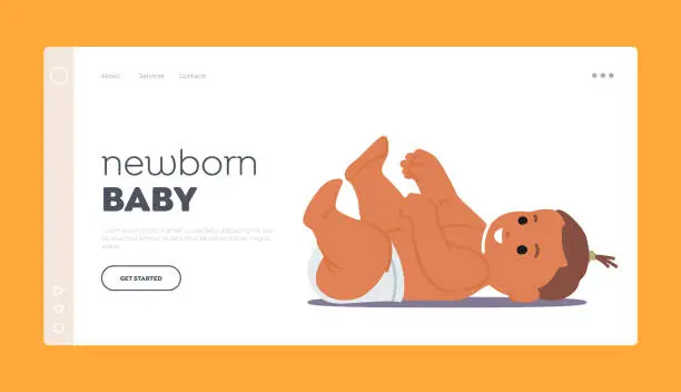 Vector illustration of Newborn Baby Landing Page Template. Cute Child Lying on Floor Smiling and Playing. Innocent Infant Girl or Boy
