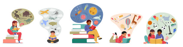 dzieci w bibliotece, powrót do szkoły, edukacja, koncepcja wiedzy. małe dzieci czytające książki, chłopcy i dziewczęta uczą się - kid reading stock illustrations