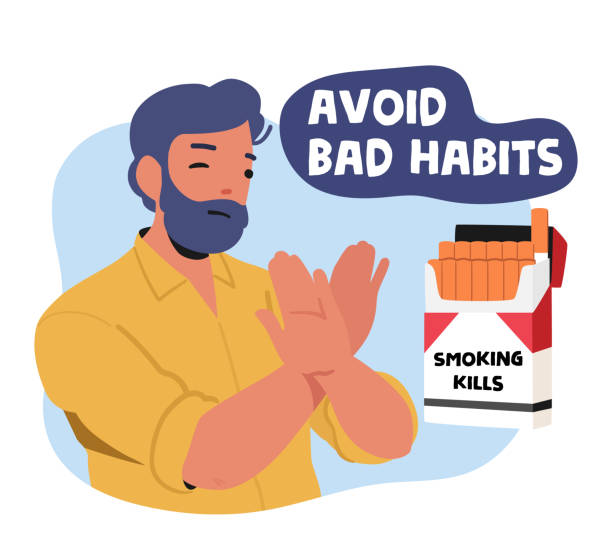 Avoid Bad Habits Banner with Man Shop Stop Gesture for Cigarette Box. Male Character Healthy Lifestyle, Immunity Boost Avoid Bad Habits Banner with Man Shop Stop Gesture for Cigarette Box. Male Character Healthy Lifestyle, Immunity Boost, Give Up Smoking Motivation. Cartoon People Vector Illustration cigarette warning label stock illustrations