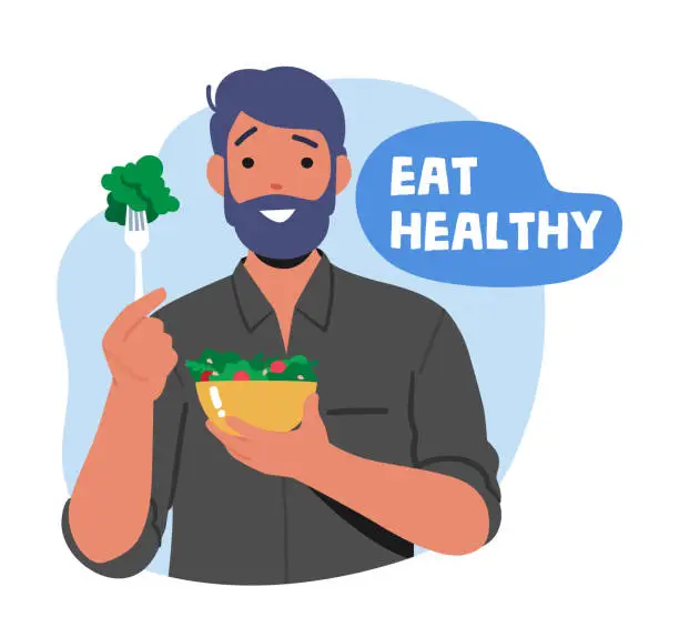 Vector illustration of Male Character Eat Healthy Food. Fit Cheerful Man Holding Bowl with Fresh Salad. Health Care, Immunity Boost Concept