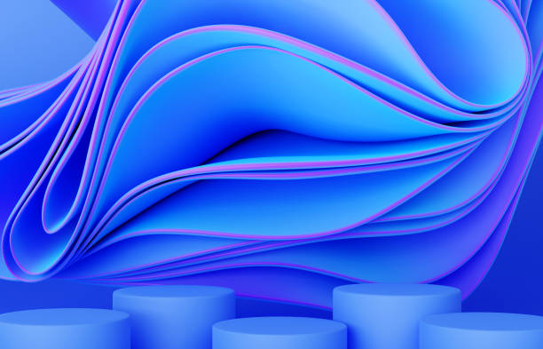 istock Neon, blue and pink podium background with abstract wavy cloth, folded fabric 1456796043