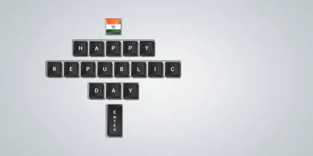Happy republic day written on the keyboard key, 26 january, republic day special and republic day background art.