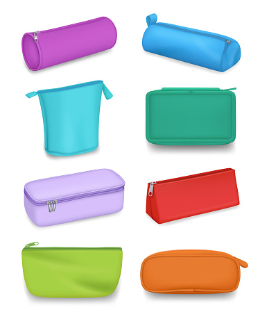 Pencil case. Stationery containers in realistic style decent vector colored templates. Illustration of containers for stationery, case pencil, education school box
