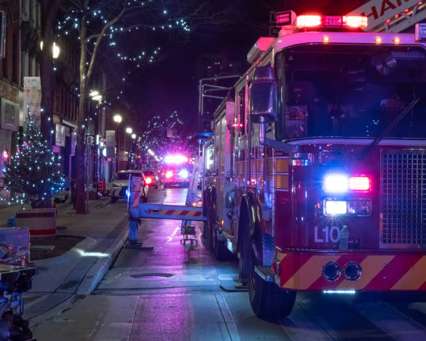Fire Trucks setup in the Streets for an emergency at Night stock photo