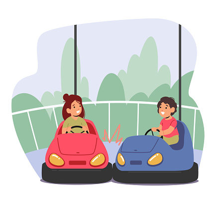 Boys and Girls Characters Riding Carts or Bumper Car Attraction in Amusement Park. Children Having Fun at Funfair or Carnival Entertainment Riding Colorful Dodgem. Cartoon People Vector Illustration