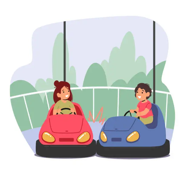 Vector illustration of Boys and Girls Characters Riding Carts or Bumper Car Attraction in Amusement Park. Children Having Fun at Funfair