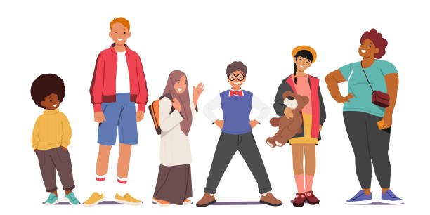 Diverse Children Stand in Row, Girls and Boys of Different Races and Ages, Multiracial and Multicultural Kids Diverse Children Stand in Row, Girls and Boys of Different Races and Ages, Multiracial and Multicultural Kids, Teen or Preteens Male and Female Characters. Cartoon People Vector Illustration junior high age stock illustrations