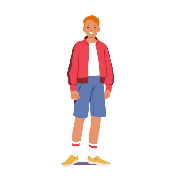 십대 소년, 쾌활한 빨간 머리 십대 윙크 눈은 흰색 배경에 고립된 전체 높이에 서 있습니다. 젊은 남성 캐릭터 - child teenager red hair childhood stock illustrations
