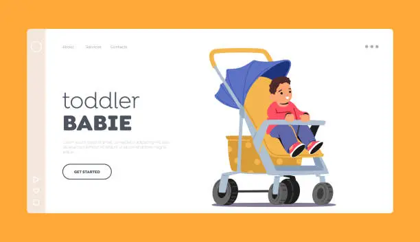 Vector illustration of Toddler Baby Landing Page Template. Child Boy Sit in Stroller. Baby Carriage for Walk on Street Vector Illustration
