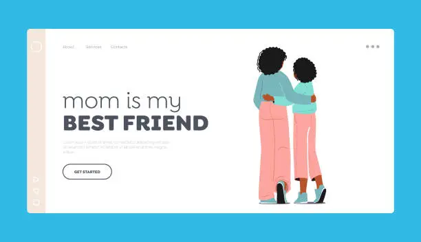 Vector illustration of Mother is the Best Friend Landing Page Template. Loving Mommy and Daughter Hugging. Black Mom and Girl Embrace