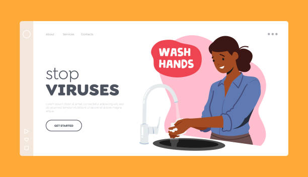 ilustrações de stock, clip art, desenhos animados e ícones de stop viruses landing page template. health care and immunity boost concept with happy woman washing hands - washing hands illustrations