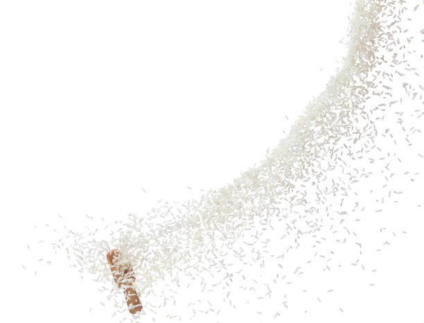 istock Japanese Rice in sack bag flying explosion, white grain rices fall abstract fly. Beautiful complete seed rice bag splash in air, food object design. White background isolated, high speed freeze motion 1456804217