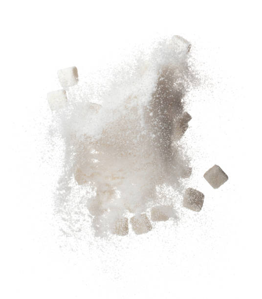 istock Pure Refined Sugar cube flying explosion, white crystal sugar abstract cloud fly. Pure refined sugar cubes splash stop in air, food object design. white background isolated high speed freeze motion 1456804295