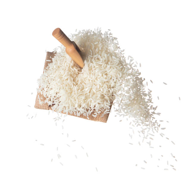 istock Japanese Rice in sack bag flying explosion, white grain rices fall abstract fly. Beautiful complete seed rice bag splash in air, food object design. White background isolated, high speed freeze motion 1456804988