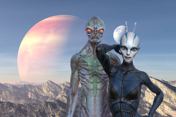istock 3d illustration two aliens having fun on an extraterrestrial world with a planet and moon rising in the background. 1456805145