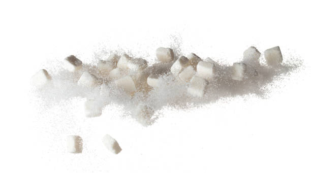 istock Pure Refined Sugar cube flying explosion, white crystal sugar abstract cloud fly. Pure refined sugar cubes splash stop in air, food object design. white background isolated high speed freeze motion 1456805212
