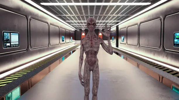 3d Illustration of a brown skeletal alien with large eyes waving with fingers parted in a starship corridor.