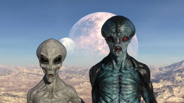Photo of 3d illustration of a blue and grey alien standing close to each looking forward with mouths slightly open in a scowl on a barren planet with dual moons rising.