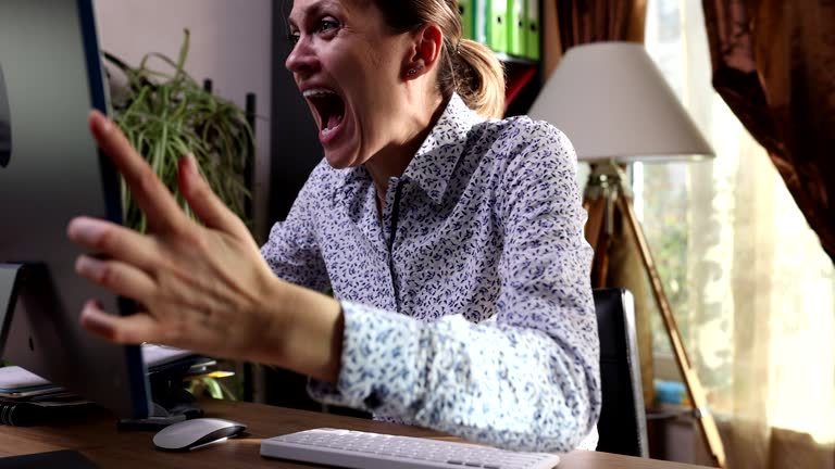 Angry businesswoman screaming at office computer screen 4k movie slow motion